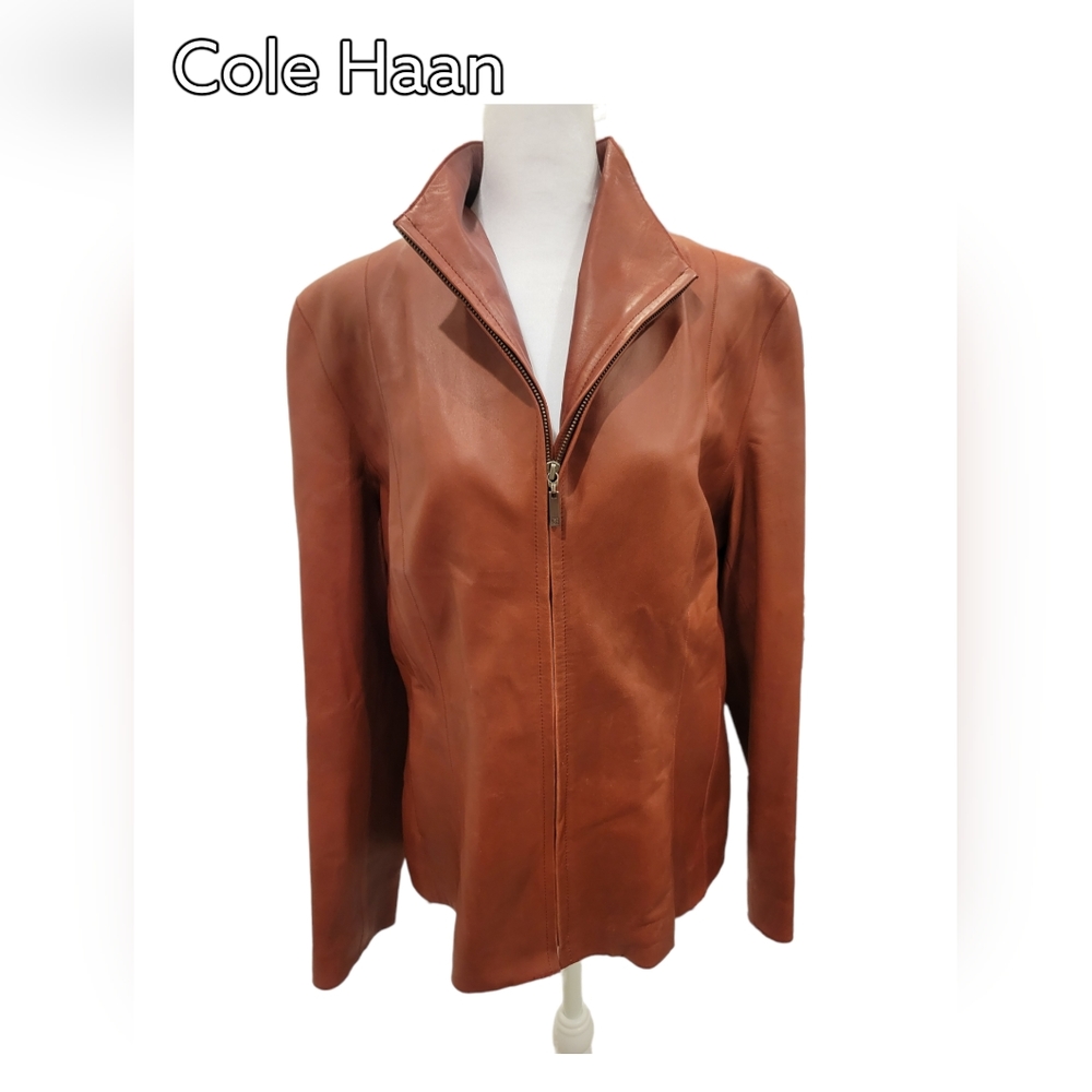 Cole Haan Women's Wing Collar Leather Moto Jacket Fully Lined Zip Size 14